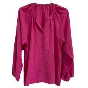Women Hot Pink Elastic Cuffs Long Sleeve Lightweight Blouse Top Relaxe Fit Large